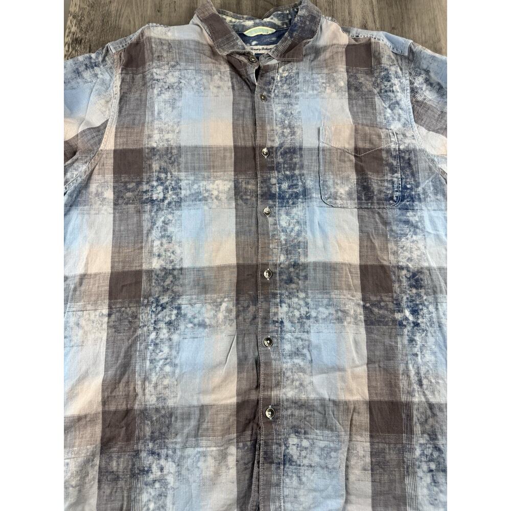 Tommy Bahama 100% Cotton Shirt 2XL Blue Abstract Geometric Plaid Short Sleeve